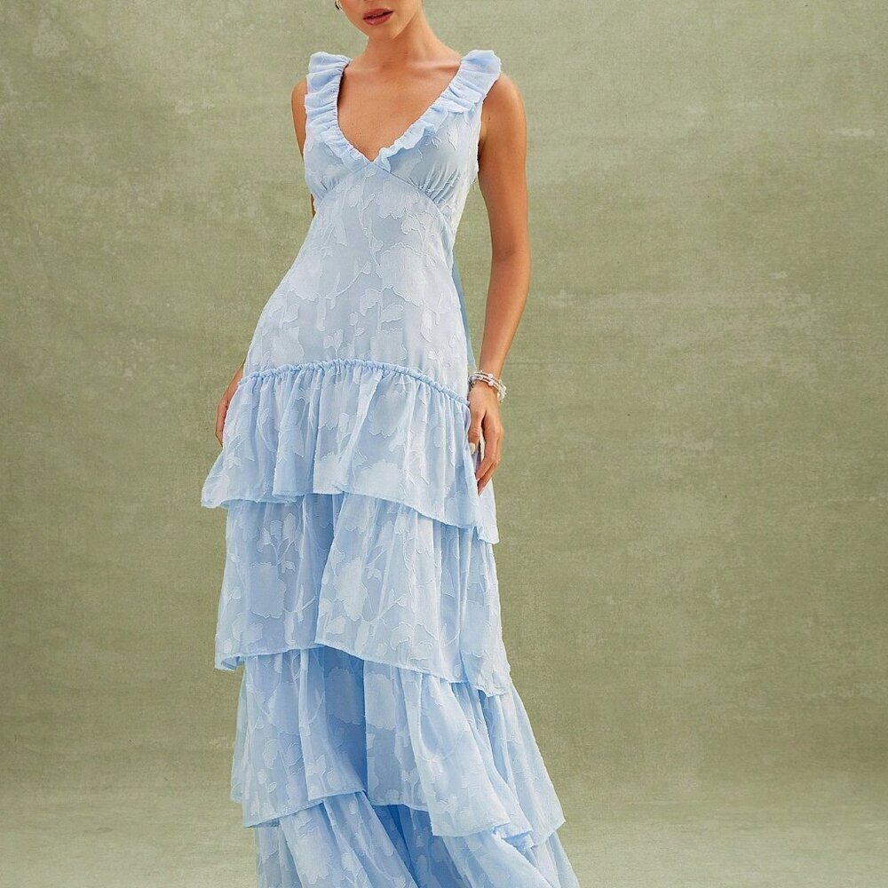 Blue Elegant Women's Floral Textured Tiered Ruffle Maxi Dress